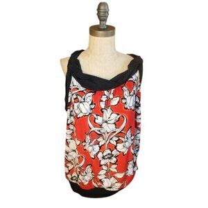 White House Black Market WHBM Size XL Ruched Neck Floral STRETCH Top